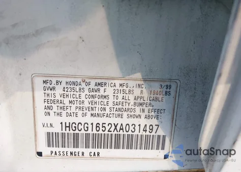 1999 Honda Accord Ex V6 из США, поврежденный, VIN 1HGCG1652XA031497